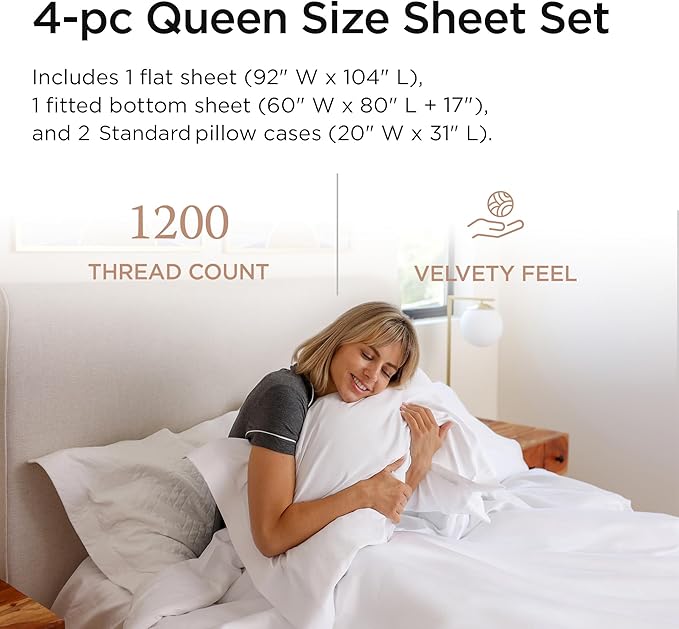 Threadmill Luxury Supima Queen Sheet Set, 1200 Thread Count 100% Cotton Sheets for Queen Size Mattress, 4 Pc Bed Sheets Queen Size Set, 5-Star Hotel Quality White Queen Sheets Elasticized Deep Pocket