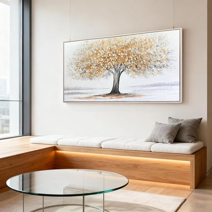 White Tree of Life Canvas Wall Art, Modern Abstract Textured Painting, Large Framed Panoramic Landscape Artwork for Living Room, Bedroom, Office, Home Decor 48"x24"
