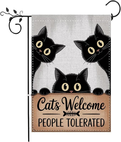 Fokongna Cats Welcome Garden Flag, Cats Welcome People Tolerated Sign Flag, 12x18 Inch Burlap Vertical Double Sided Flags, for Home Yard Outside Decorations