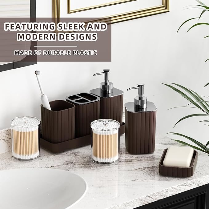 Bathroom Accessories Set - Gorgeous Bathroom Set, 10PC Brown Bathroom Accessories, Bathroom Accessory Set, Toilet Brush, Trash Can, Qtip Holder Dispenser & Soap Dispenser