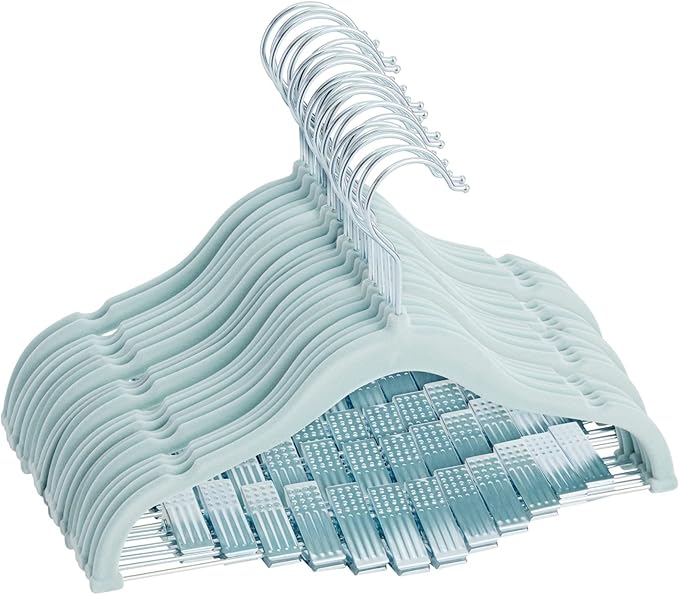 Juvale 24-Pack Light Blue Velvet Hangers for Baby & Kids Clothes with Clips – 360° Swivel Hook, Anti-Slip Space-Saving Design for Pants, Tank Tops, Skirts (12×8 in Baby Hanger)