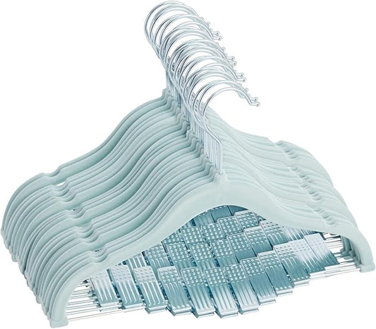 Juvale 24-Pack Light Blue Velvet Hangers for Baby & Kids Clothes with Clips – 360° Swivel Hook, Anti-Slip Space-Saving Design for Pants, Tank Tops, Skirts (12×8 in Baby Hanger)