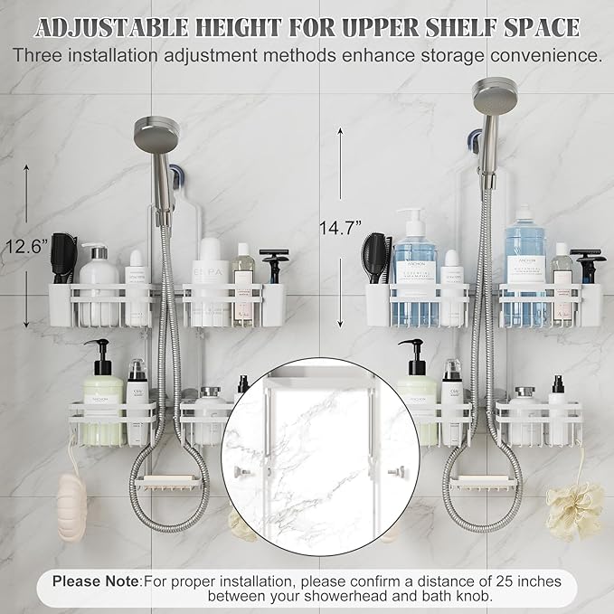 Shower Caddy Hanging for Bathroom Organizers and Storage - 3-Tier Adjustable Anti-Swing Shower Organizer for Handheld Showerhead with Heavy-Duty Suction Cups, Damage-Free Rustproof (White)
