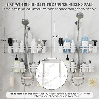 Shower Caddy Hanging for Bathroom Organizers and Storage - 3-Tier Adjustable Anti-Swing Shower Organizer for Handheld Showerhead with Heavy-Duty Suction Cups, Damage-Free Rustproof (White)