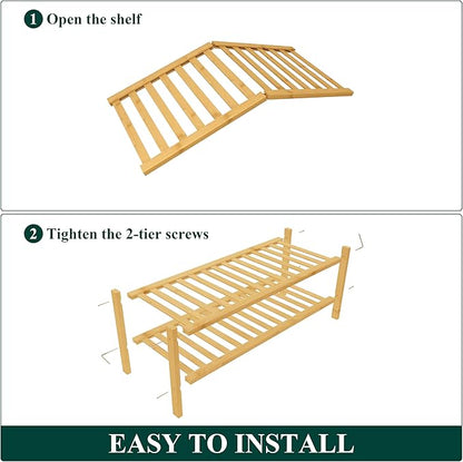 Smiry Bamboo Shoe Rack for Closet, 2 Tier Wooden Stackable Shoe Organizer, Free Standing Shoes Storage Shelf for Entryway, Front Door Entrance, Natural