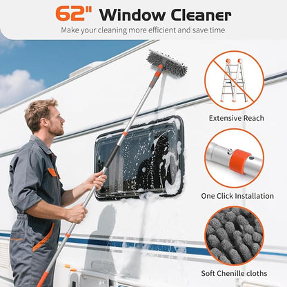Ordenado 62" Window Squeegee Cleaning Kit, 2 in 1 Window Cleaner Tool with Long Handle, Rotatable High Windows Washing Kit for Home & Outdoor, Detachable Washer Tool Squeegee for Shower Glass, Car