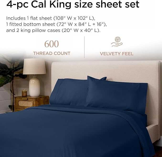 Threadmill 100% Cotton Sheets for Cal King Size Bed - 600 Thread Count Cal King Bed Sheets Set with 16” Deep Pocket - Sateen Weave 4-Piece Bedding Set with Cooling Effect, Folkstone Blue
