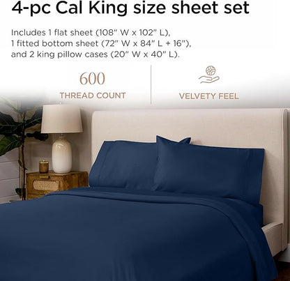 Threadmill 100% Cotton Sheets for Cal King Size Bed - 600 Thread Count Cal King Bed Sheets Set with 16” Deep Pocket - Sateen Weave 4-Piece Bedding Set with Cooling Effect, Folkstone Blue