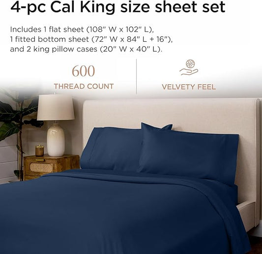 Threadmill 100% Cotton Sheets for Cal King Size Bed - 600 Thread Count Cal King Bed Sheets Set with 16” Deep Pocket - Sateen Weave 4-Piece Bedding Set with Cooling Effect, Folkstone Blue
