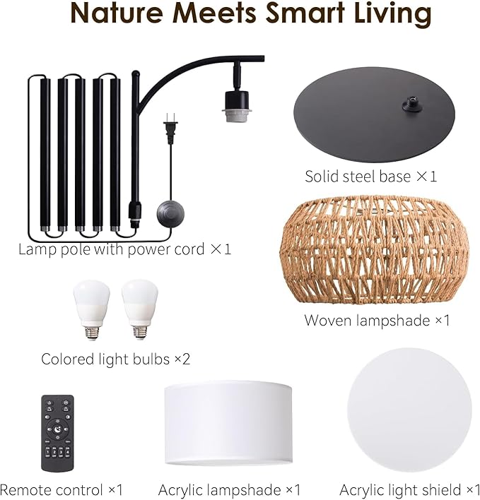 Boho Rattan Floor Lamp with Shade - 12W Bright LED Bulb, Adjustable Height 48-60 Inch, Remote Control 3 Color Temperatures, Handwoven Arc Standing Light for Living Room