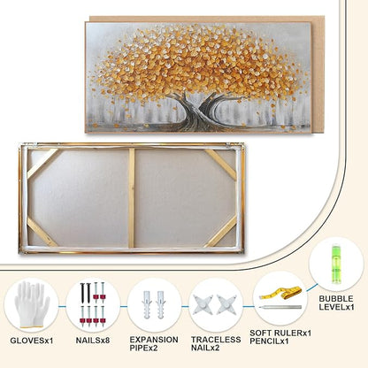 Gold Tree of Life Canvas Wall Art, Modern Abstract Textured Painting, Large Framed Panoramic Landscape Artwork for Living Room, Bedroom, Office, Home Decor 48"x24"