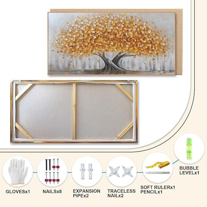 Gold Tree of Life Canvas Wall Art, Modern Abstract Textured Painting, Large Framed Panoramic Landscape Artwork for Living Room, Bedroom, Office, Home Decor 60"x30"