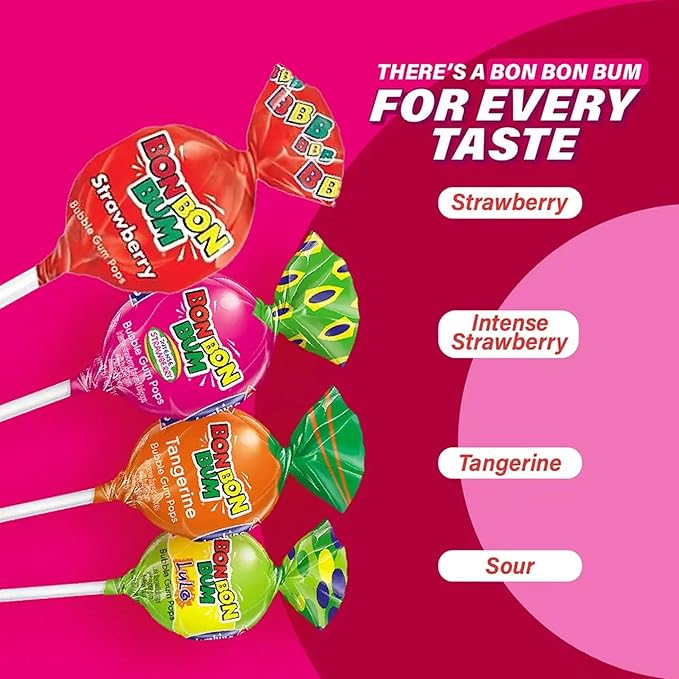 Colombina Bon Bon Bum Lollipops w/Bubble Gum Center, Assorted Flavors, Individually Wrapped, Ideal for Party Favors and Gifts, 1 Pack (24 Count)