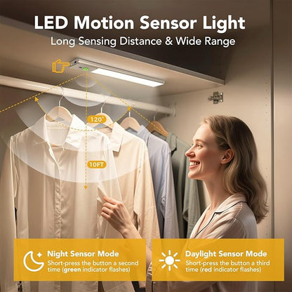 Under Cabinet Lighting, Motion Sensor Light with 3 Color Temps, Rechargeable Closet Lights with Hand Wave, 11.8 Inch Dimmable Under Counter Lights for Kitchen, Wardrobe, Stairs, 2 Pack