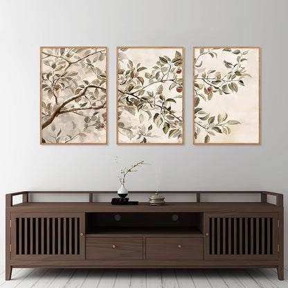 HLNIUC Apple Tree Vintage Framed Wall Art Set, Botanical Branch Canvas Wall Decor, Rustic Farmhouse Leaves Wall Painting, Retro Nature Plant Art Print for Living Room, Bedroom, Office - 16"x24"x3