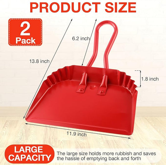 Mumufy 2-Pack Heavy Duty Stainless Steel Red Dustpan - 12" Wide Metal Edge for No-Leak Sweeping, Rust-Resistant for Home Garage Studio Courtyard Indoor Outdoor