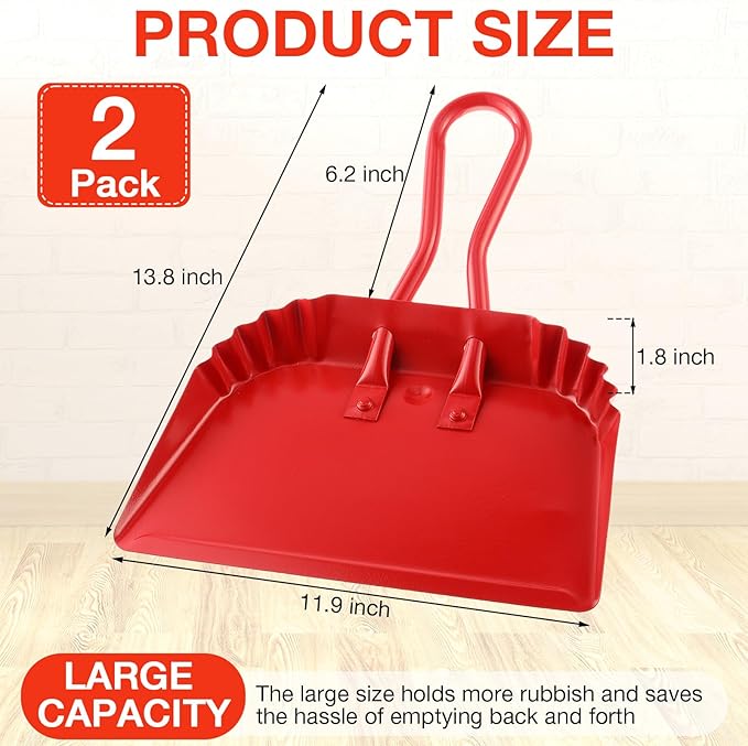 Mumufy 4 Pack 12 inch Heavy Duty Metal Dustpan Large Wide Dust Pans for Household Handheld Wide Scooper and Debris Cleaning Tool Ideal for Home and Commercial Use(Red)