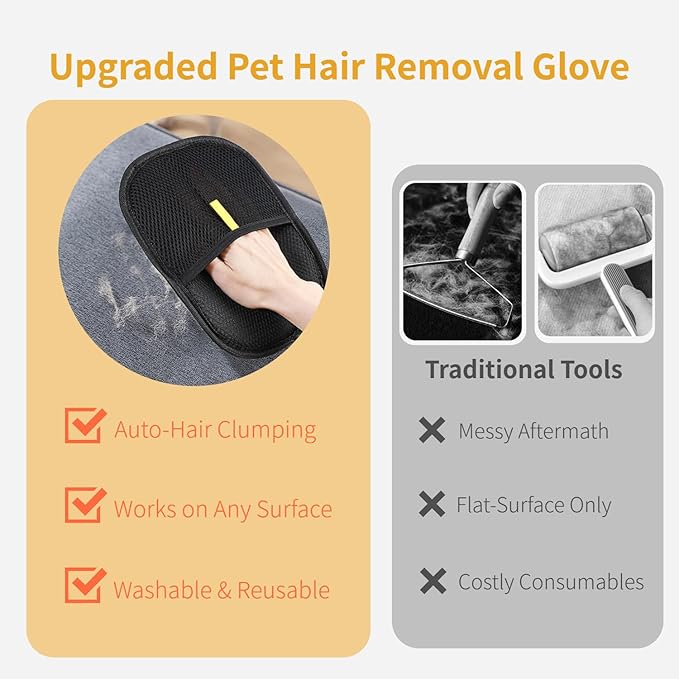 Pair Pack Electrostatic Pet Hair Remover Gloves - 2pcs Grooming Gloves for Dog Cat, Reusable Washable Fur Removal for Clothes, Bedding, Furniture, Carpet, Car Seats