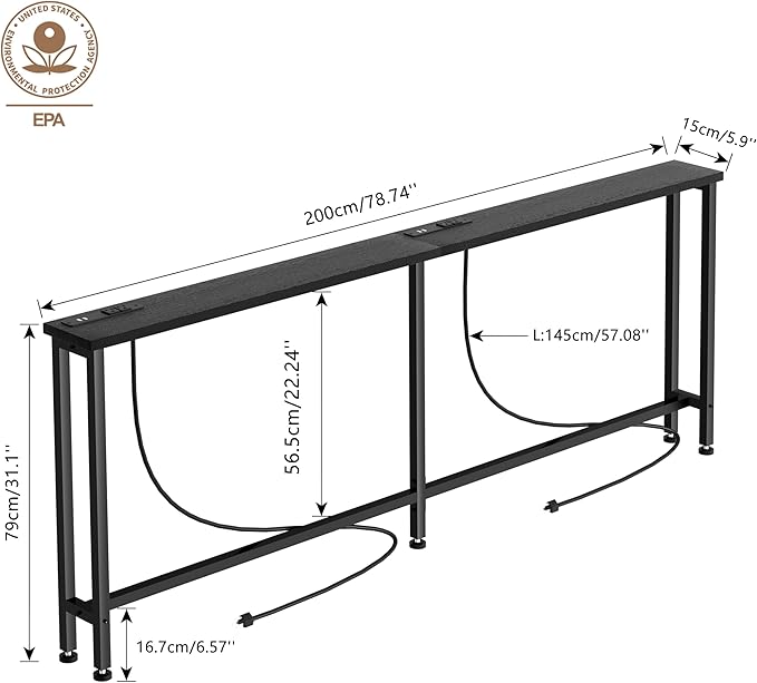 78" Narrow Console Sofa Table - 2 Power Outlets & 4 USB Ports, Metal Frame, Black, Perfect for Hallway, Office, and Behind Sofa - Easy Assembly, 4.9' Extension Cord Included