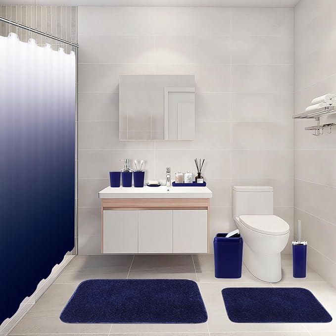24PC Navy Blue Bathroom Set with Shower Curtain and Rugs, Blue Bathroom Sets Complete with Trash Can,Soap Dispenser,Soap Dish,Toilet Brush,Toothbrush Holder and Cup,Tray,Q-Tip Holders