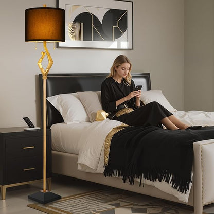 Scenekoy Sculptural 64.5” Floor Lamp for Living Room Bedroom, Gold Leaf Finish & Black Faux Silk Shade, Pull Chains Switch Standing Lamp, Brightness Adjustable Lamp with Bulb Prefer for Home Office