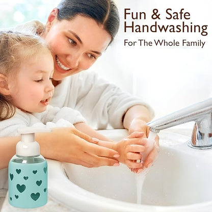 SoCal Suds & Company Glass Foaming Hand Soap Dispenser, Heart Silicone Sleeve, Refillable Pump Bottle for Kids, Baby Wash & Shampoo, Ideal for Home Use, Sea Glass 8oz