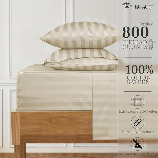 URBANHUT 800 Thread Count Egyptian Cotton Damask Striped King Size Sheets Set (4 Pc) - Ultra Soft & Smooth, Sateen Weave King Size Sheets, Luxury Hotel Sheets with 16" Deep Pocket - Ivory