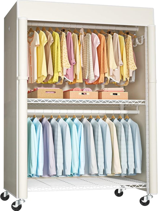 White Clothing Rack with Beige Cover, P1C Plus Rolling Closet with Wheels, Metal Garment Rack for Hanging Clothes, Clothing Storage Wardrobe, 46" W x 18.5" D x 80.7" H, Load 524 Pounds