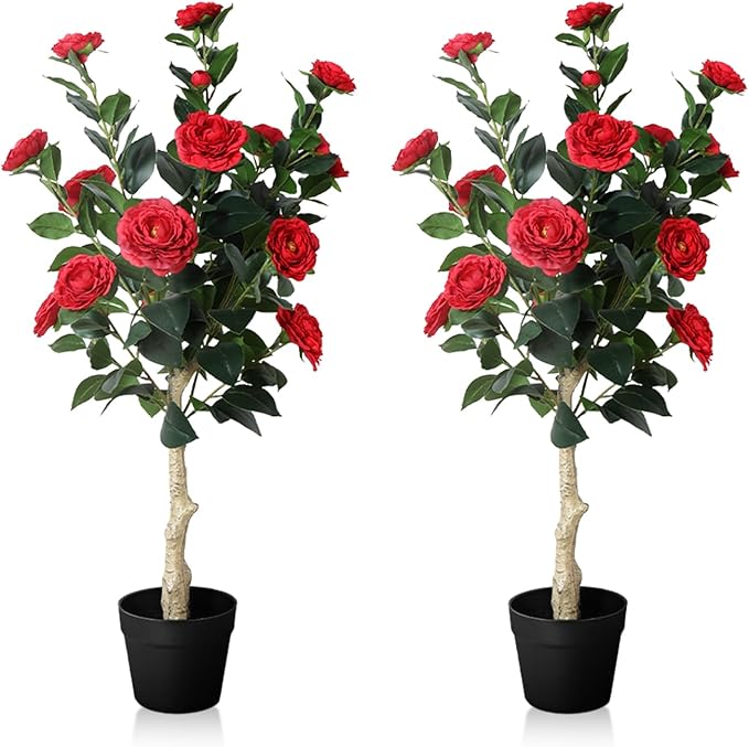 3FT Artificial Camellia Tree, 2 Pack Fake Camellia Tree Artificial Tree, Faux Floral Plants in Cement Pot, Greenery Potted Plant for Indoor Outdoor Home Office Porch Decor (Red)
