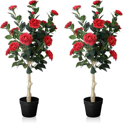 3FT Artificial Camellia Tree, 2 Pack Fake Camellia Tree Artificial Tree, Faux Floral Plants in Cement Pot, Greenery Potted Plant for Indoor Outdoor Home Office Porch Decor (Red)