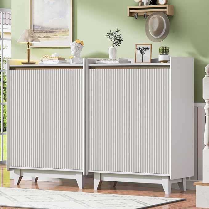 White Fluted Shoe Cabinet with Adjustable Shelves, Shoe Cabinet Storage for Entryway Hallway Living Room Bedroom, Shoe Rack Cabinet with 2 Doors 2PC, White & Walnut 43.7” H