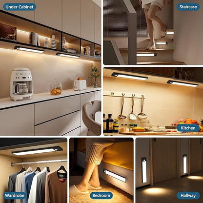 Ascher 15.2inch Under Cabinet Lights, 3000mAh Rechargeable Motion Sensor Light Indoor, 3 Color Temperatures & Stepless Dimmable Closet Lights, Magnetic Under Counter Light for Kitchen, Black - 2 Pack