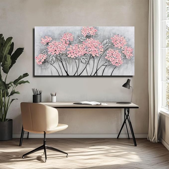SOUGUAN Flower Wall Decor/Living Room Decorations/Pink Modern Artwork/Hand Painted Botanical Paintings for Bedroom Kitchen Home Office 20"x 40"