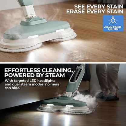 Apical Life Steam & Scrub Steam Mop, All-in-One Scrubbing and Sanitizing Hard Floor Cleaner, LED Headlights, 4 Dirt Grip Soft Scrub Pads Included, L Water Tank, Swivel Steering, Light green