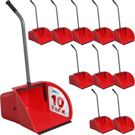 Janico Tall Commercial Dust Pan with Handle – 10 Pack – Indoor/Outdoor Heavy Duty Large Upright Standing Dust Pans with Long Handle – 12-Inch Wide Plastic Stand Up Lobby Dustpan Only with Broom Clip