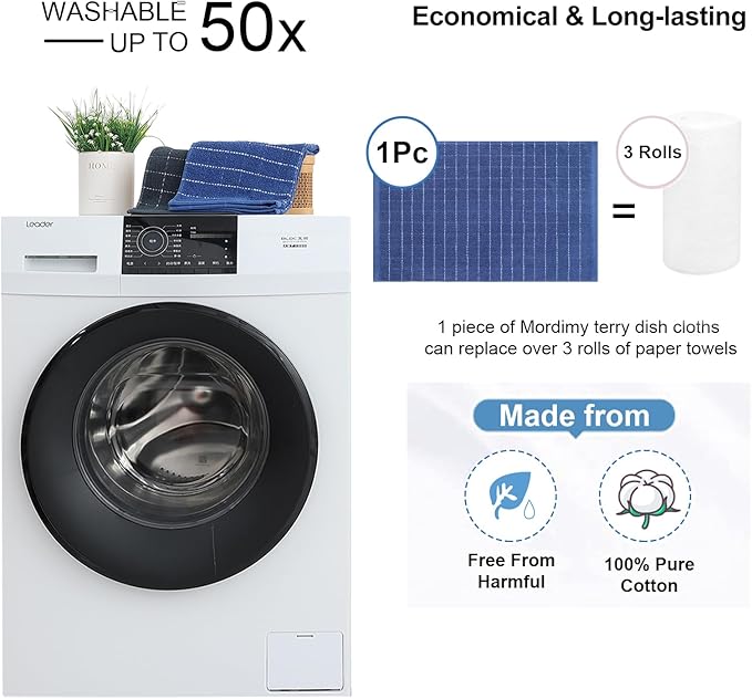 Mordimy 100% Cotton Terrycloth Kitchen Towels and Dishcloths Sets, Soft and Absorbent Checkered Dish Towels, Quick Drying Dish Rags for Washing Dishes, 4 Pack 16" x 26" & 4 Pack 12" x 12", Navy Blue