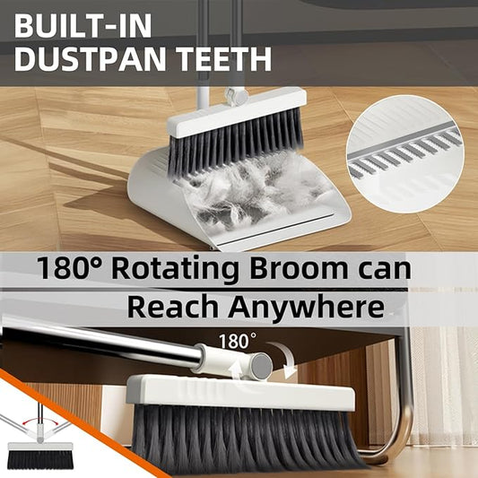 Upgrade Broom with Dustpan Combo Set, Broom and Dustpan Set with Adjustable Handle，Self-Cleaning Dustpans Teeth for Home Kitchen Office Hall Floor，ZeroGap Lip （White&Grey）