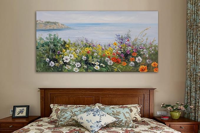 Acocifi Large Floral Canvas Wall Art Nature Coastal Flower Landscape Seascape Painting Colorful Wildflowers Picture, Textured Artwork for Living Room Bedroom Bathroom Kitchen Office Home Decor 48"x24"