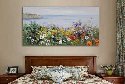 Acocifi Large Floral Canvas Wall Art Nature Coastal Flower Landscape Seascape Painting Colorful Wildflowers Picture, Textured Artwork for Living Room Bedroom Bathroom Kitchen Office Home Decor 48"x24"
