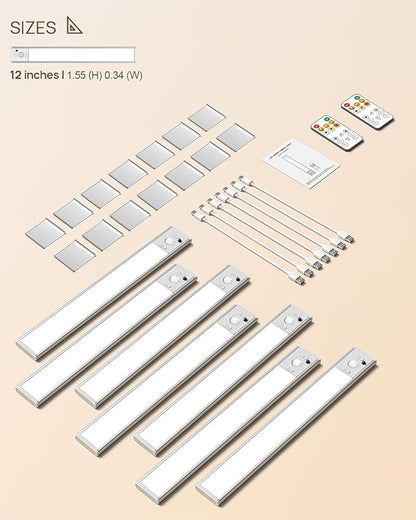 Under Cabinet Lights with Remote Control,2500mAh USB Rechargeable Motion Sensor Light Indoor,350 Lumen LED Closet Light,3 Color Temps Wireless Under Counter Lights for Kitchen, Wardrobe,Hallway,7 Pack