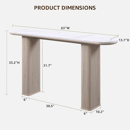 OKD 63" Modern Console Table with Arc Marble Texture Top, Fluted Wood Base, Contemporary Entryway Sofa Table for Living Room, Hallway, Foyer, White Alder