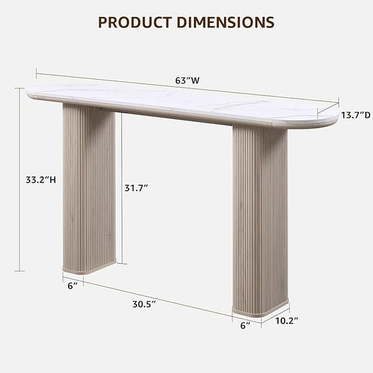 OKD 63" Modern Console Table with Arc Marble Texture Top, Fluted Wood Base, Contemporary Entryway Sofa Table for Living Room, Hallway, Foyer, White Alder
