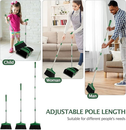 Broom and Dustpan Set with Long Handle, Light Weight Stainless Steel Poles Stand Upright Dustpans with Broom Combo for Home Kitchen Office Pet Dog Hair, 1-Pack(Black Green)