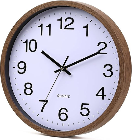 Wall Clock 12 Inch Wooden Frame Glass Cover Non-Ticking Number Quartz Modern Quartz Design Decorative Bedroom Kitchen Office Classroom Dark Brown