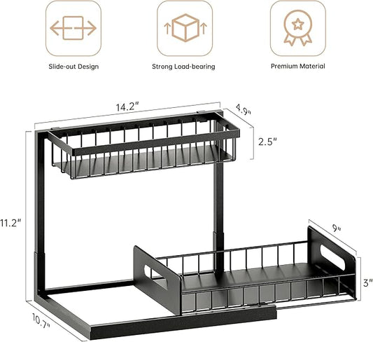 VUSIGN Under Kitchen Sink Organizer 2 Tier, Pull Out Under Sink Organizers and Storage, Bathroom Cabinet Kitchen Organization Storage Shelf, 1 Pack Black