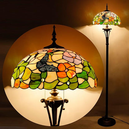 Tiffany Floor Lamp Butterfly Flower Stained Glass Standing Reading Light 16X16X70 Inches Antique Pole Corner Lamp Decor Bedroom Office Living Room