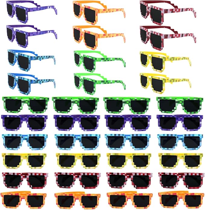 36 Pack Pixel Sunglasses Bulk, 6 Colors Pixelated Mosaic Gamer Glasses Party Favors, Gamer Robot Pixelated Sunglasses for Kids Adults Boys Girls Birthday Photo Props Party Supplies
