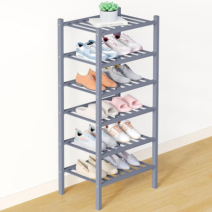 Smiry Bamboo Shoe Rack for Closet, 6 Tier Small Wooden Stackable Shoe Organizer, Free Standing Shoes Storage Shelf for Entryway, Front Door Entrance, Grey