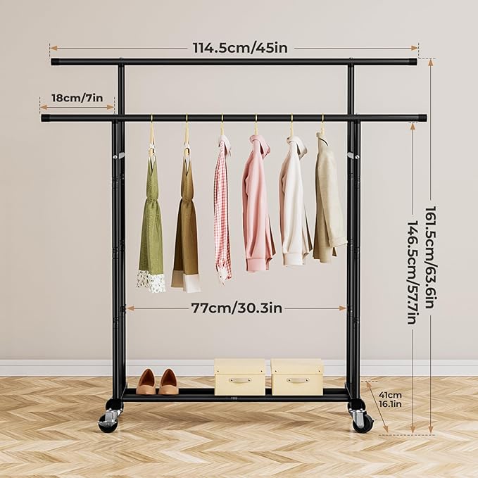 Abiglifty Double Rods Clothes Rack for Hanging Clothes, Clothing Rack with Wheels, Portable Closet Organizer for Laundry, Room, Black