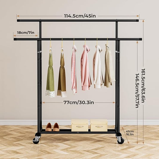Abiglifty Double Rods Clothes Rack for Hanging Clothes, Clothing Rack with Wheels, Portable Closet Organizer for Laundry, Room, Black